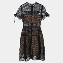 Pre Owned Self-Portrait Black Eyelet Lace Pleated Aurelia Dress M