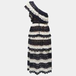 Pre Owned Self-Portrait Navy Blue/White Knit Tiered One Shouldered Midi Dress M