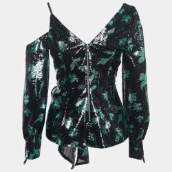 Pre Owned Self-Portrait Black/Green Leaf Sequined Nylon Tie Detail Long Sleeve Blouse S