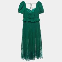 Pre Owned Self-Portrait Green Pleated Chiffon Midi Dress M