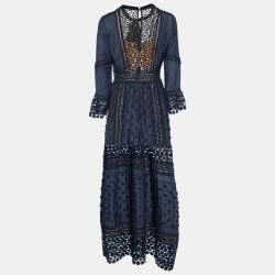 Pre Owned Self-Portrait Navy Blue Cotton & Lace Maxi Dress M