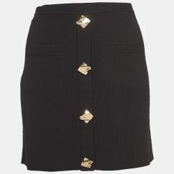 Pre Owned Self-Portrait Black Ribbed Knit Buttoned Mini Skirt M