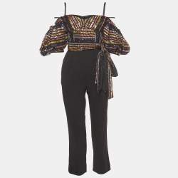 Self-Portrait Black Crepe and Mesh Sequin Stripe Detail Jumpsuit M