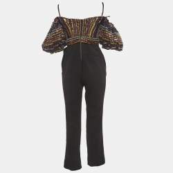 Self-Portrait Black Crepe and Mesh Sequin Stripe Detail Jumpsuit M