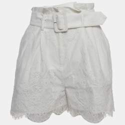Self-Portrait White Embroidered Cotton Belted Shorts S