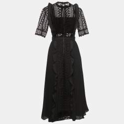 Pre Owned Self-Portrait Black Geometric Pattern Lace Pleated Midi Dress S
