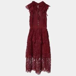 Self-Portrait Maroon Cord Lace Tiered Midi Dress S