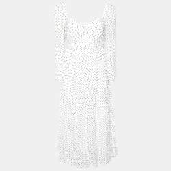 Self-Portrait White Flock Dotted Crinkle Chiffon Midi Dress L