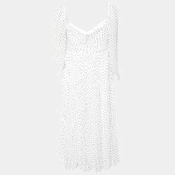 Self-Portrait White Flock Dotted Crinkle Chiffon Midi Dress L