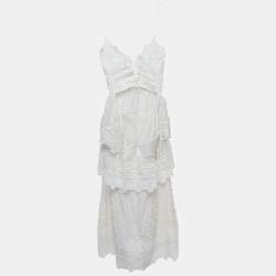 Pre Owned Self-Portrait White Ivy Lace Trim Cotton Shoulder Strap Tiered Maxi Dress M
