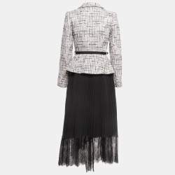 Self-Portrait Pink/Black Lace Trim Tweed Blazer Style Belted Midi Dress S