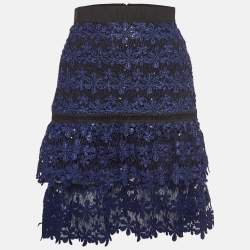 Pre Owned Self-Portrait Blue Floral Guipure Lace Sequin Embellished Tiered Skirt S