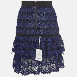 Pre Owned Self-Portrait Blue Floral Guipure Lace Sequin Embellished Tiered Skirt S