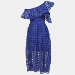 Pre Owned Self-Portrait Blue Guipure Lace One Shoulder Frill Midi Dress S