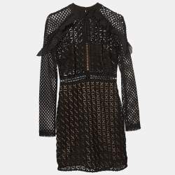 Self-Portrait Black Geometric Pattern Lace Ruffled Mini Dress S