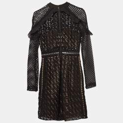 Self-Portrait Black Geometric Pattern Lace Ruffled Mini Dress S