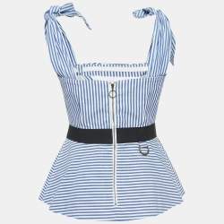 Pre Owned Self-Portrait Blue & White Cotton Stripe Shirting Tie Detail Top M