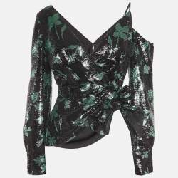 Self-Portrait Black Leaf Sequined Asymmetrical Top M