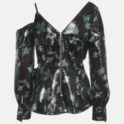 Self-Portrait Black Leaf Sequined Asymmetrical Top M