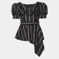 Self-Portrait Black Striped Faille Belted Off-The Shoulder Top M