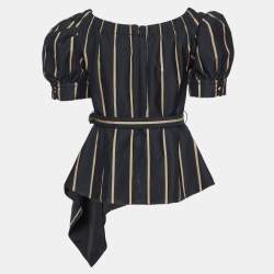 Self-Portrait Black Striped Faille Belted Off-The Shoulder Top M