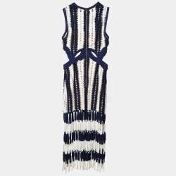 Pre Owned Self-Portrait Navy Blue Striped Crochet Knit Midi Dress M
