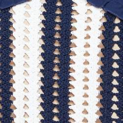 Pre Owned Self-Portrait Navy Blue Striped Crochet Knit Midi Dress M