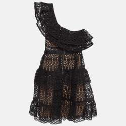 Self-Portrait Black Lace Overlay One-Shoulder Mini Dress S