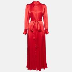 Semsem Red Satin Silk Button Front Belted Maxi Dress S