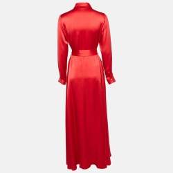 Semsem Red Satin Silk Button Front Belted Maxi Dress S