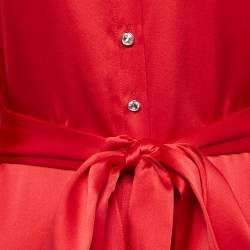 Semsem Red Satin Silk Button Front Belted Maxi Dress S