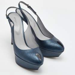 Sergio Rossi Blue Iguana Embossed Leather Platform Slingback Pumps Size 39.5