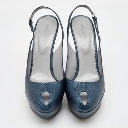 Sergio Rossi Blue Iguana Embossed Leather Platform Slingback Pumps Size 39.5