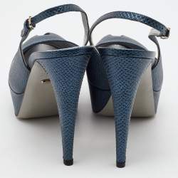Sergio Rossi Blue Iguana Embossed Leather Platform Slingback Pumps Size 39.5