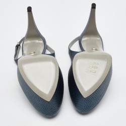 Sergio Rossi Blue Iguana Embossed Leather Platform Slingback Pumps Size 39.5