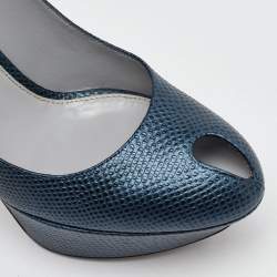 Sergio Rossi Blue Iguana Embossed Leather Platform Slingback Pumps Size 39.5