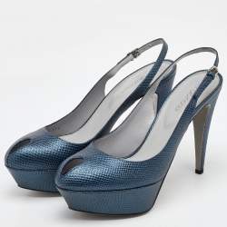 Sergio Rossi Blue Iguana Embossed Leather Platform Slingback Pumps Size 39.5