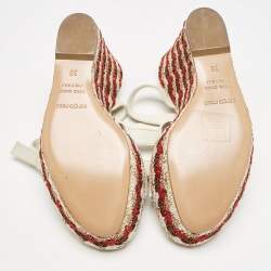 Sergio Rossi Cream Leather And Fabric Platform Wedge Knotted Ankle Strap Sandals Size 36