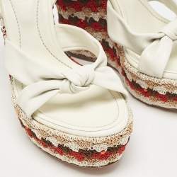 Sergio Rossi Cream Leather And Fabric Platform Wedge Knotted Ankle Strap Sandals Size 36