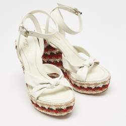 Sergio Rossi Cream Leather And Fabric Platform Wedge Knotted Ankle Strap Sandals Size 36