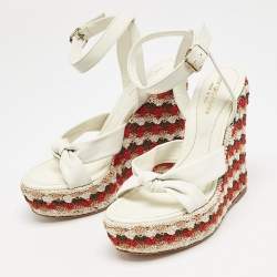 Sergio Rossi Cream Leather And Fabric Platform Wedge Knotted Ankle Strap Sandals Size 36