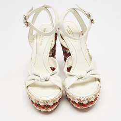 Sergio Rossi Cream Leather And Fabric Platform Wedge Knotted Ankle Strap Sandals Size 36