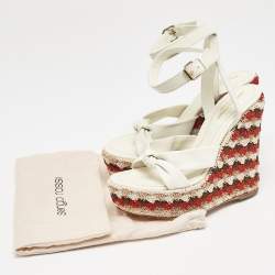 Sergio Rossi Cream Leather And Fabric Platform Wedge Knotted Ankle Strap Sandals Size 36