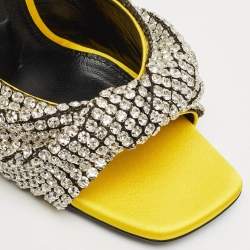 Pre Owned Sergio Rossi Yellow Satin Evangelie Crystal Embellished  Slide Sandals Size 38