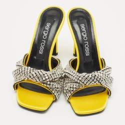 Pre Owned Sergio Rossi Yellow Satin Evangelie Crystal Embellished  Slide Sandals Size 38