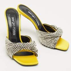 Pre Owned Sergio Rossi Yellow Satin Evangelie Crystal Embellished  Slide Sandals Size 38