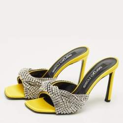 Pre Owned Sergio Rossi Yellow Satin Evangelie Crystal Embellished  Slide Sandals Size 38