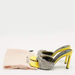 Pre Owned Sergio Rossi Yellow Satin Evangelie Crystal Embellished  Slide Sandals Size 38