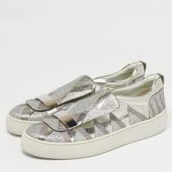 Pre Owned Sergio Rossi Silver Glitter and Leather Blair Sneakers Size 41