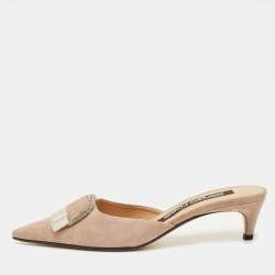 Pre Owned Sergio Rossi Size 37 Beige Suede Crystal Embellished Pointed Toe Mules